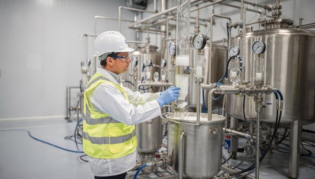 Medium shot capturing magnesium hydroxide reagent preparation in a recycled slurry system featuring operator monitoring and equipment in a clean processing environment.