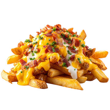 Loaded nachos with melted cheese, bacon, and fresh herbs isolated on transparent background