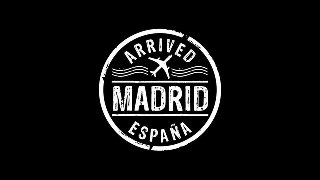Madrid Spain arrived stamp and hand stamping impact isolated animation. Flight arrival 3D concept. Alpha matte channel.