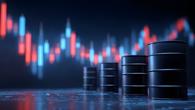 Modern conceptual image showing black metallic oil barrels with blue and red stock market candlestick background representing volatile fluctuations in energy costs and global fuel commodities.