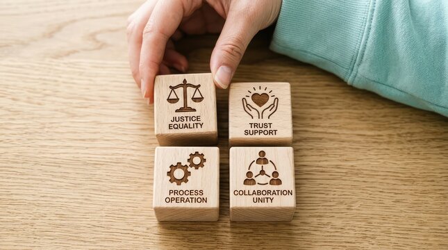 A hand arranges wooden blocks symbolizing justice trust process and collaboration concepts