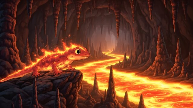 A fantasy creature resembling a small dragon or lizard with fiery scales sits on a rock formation overlooking a flowing river of lava in a dark cave
