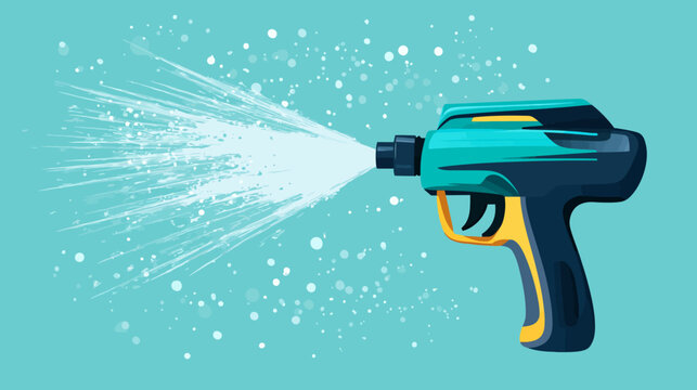A cartoon illustration of a water sprayer emitting water droplets on a blue background