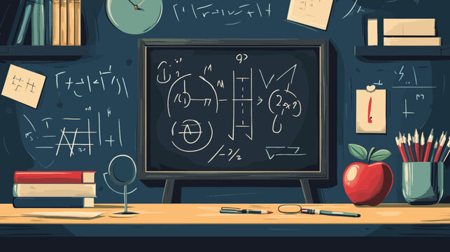 A classroom setting featuring a blackboard filled with equations, books, pencils, and an apple