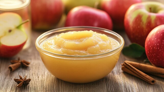 A bowl of applesauce on a wooden table surrounded by fresh apples, cinnamon sticks, and star anise