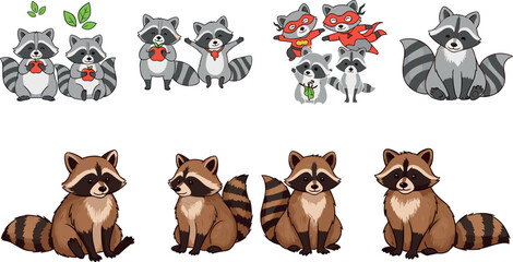 Cute raccoon cartoon character collection with different poses expressions and styles woodland animal isolated vector illustration set © MdYeasin