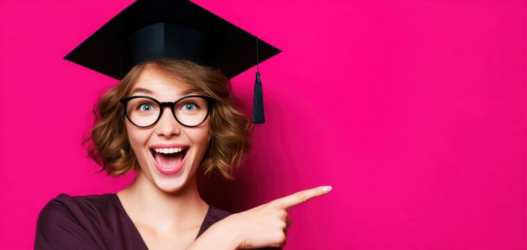 The graduate woman in mortarboard pointing excitedly at blank pink background