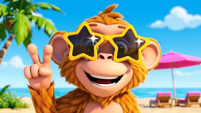 Cartoon monkey wearing yellow sunglasses smiling on tropical beach with palm trees and ocean