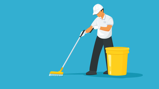 A cartoon image of a cleaner with a mop and a yellow bucket cleaning the floor