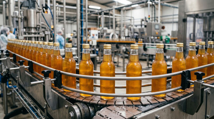 Fototapeta premium Close-up of glass bottles filled with clear liquid moving along a high-tech automated conveyor belt in a modern manufacturing plant; clean industrial production process