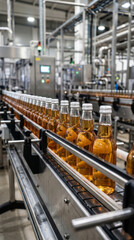 Fototapeta premium Close-up of glass bottles filled with clear liquid moving along a high-tech automated conveyor belt in a modern manufacturing plant; clean industrial production process