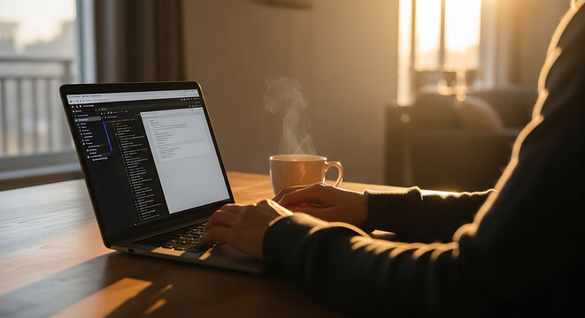 Person working on a laptop with a steaming mug in a sunlit room, focused on coding or writing.