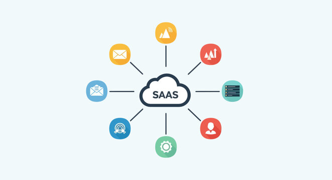 SaaS Cloud Computing Network with Interconnected Application Icons.