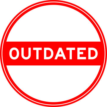 Red color round seal sticker in word outdated on white background