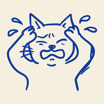 Angry Cat Pulling Hair Doodle Illustration Frustrated Kitty Stress Reaction Cute Pet Sketch Design