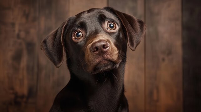Chocolate labrador puppy tilting head, expressing curiosity with wide innocent eyes in a studio setting