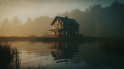 Obraz premium Abandoned house on lake shore surrounded by trees and fog at sunrise or sunset transparent background