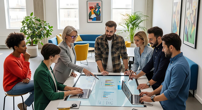 Diverse business professionals collaborating around an interactive smart table in a modern office environment, analyzing data and discussing project strategies.