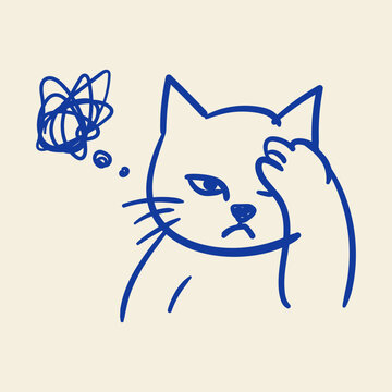 Annoyed Cat Facepalm Doodle Illustration Irritated Kitty Messy Thoughts Reaction Cute Pet Sketch Design