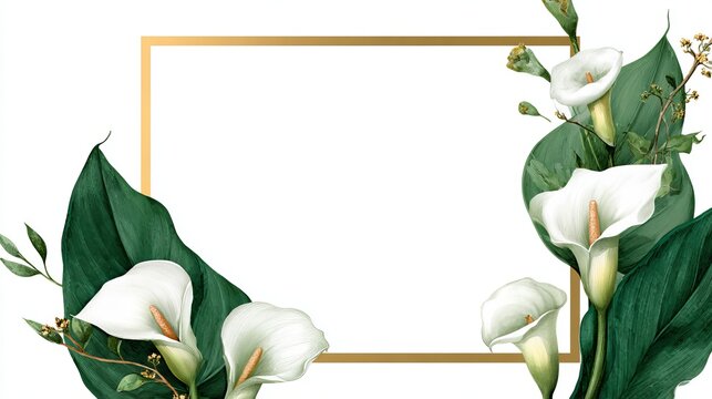 Elegant Calla Lily and Green Leaf Frame with Gold Border for Invitations and Greeting Cards