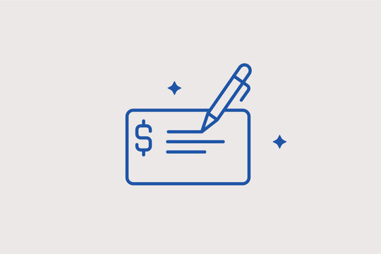 Bank check with pen line icon for formal financial transactions and document signing. Administrative Vector Illustration for payroll processing services and business payment tutorials.