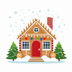 Fototapeta premium Gingerbread house with Christmas decorations and snowy scene