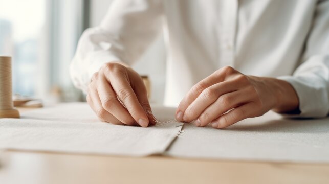 Sewing white shirt by hand to prolong wear, showing clothing repair skills and sustainable slow fashion values