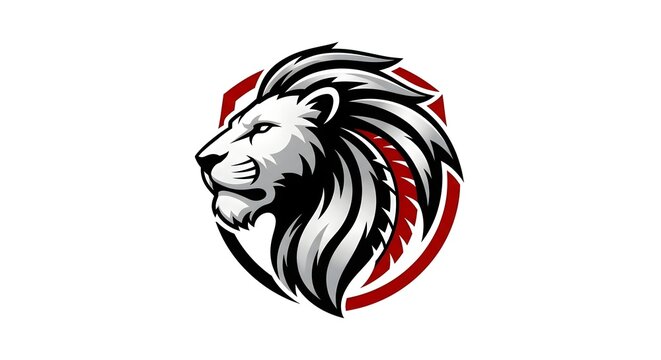 Illustration of a fierce lion's head in profile, encased in a shield emblem with red accents, suitable for sports teams or logos
