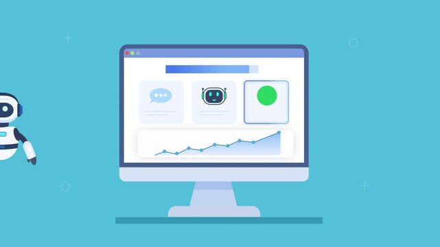 Animated video of a robot assistant beside a computer dashboard displaying camera monitoring, system controls, and analytics, representing AI surveillance, automation, and smart security workflow.