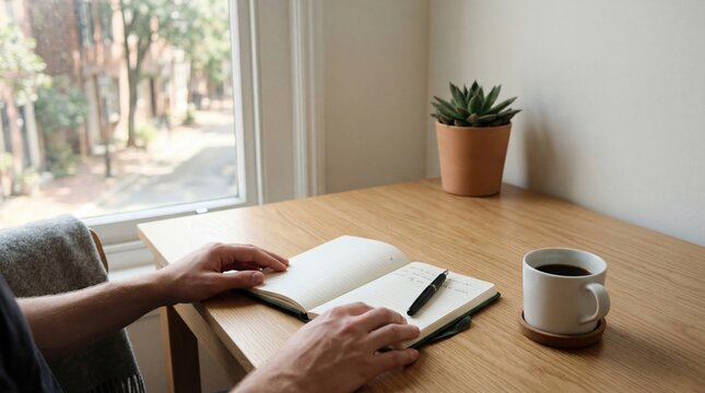 Male writer hands holding open diary book on wooden desk morning coffee cup houseplant succulent near window journaling notes quiet study room interior work from home lifestyle