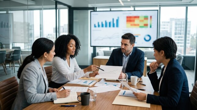Medium shot of a finance team collaborating over documents with digital graphs blurred depicting a hybrid approach to funding in a business development company.
