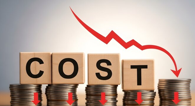 Word COST spelled with wooden blocks and descending red arrow showing business cost reduction, savings, and financial decline