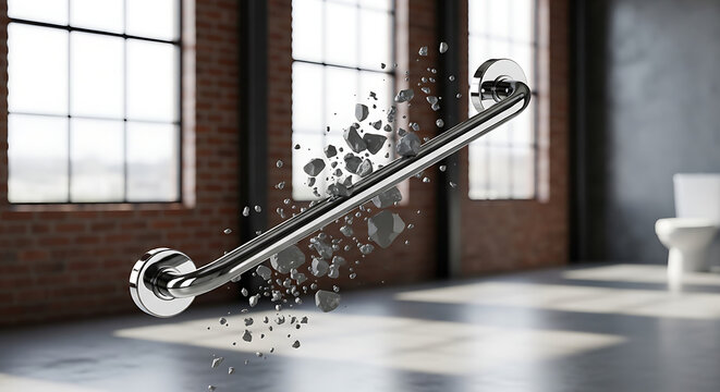 Chrome grab bar in a modern bathroom disintegrating into small geometric pieces, symbolizing decay or failure, with large windows and brick walls in the background