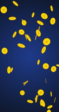 Coins 4k video animation with golden dollar signs falling on dark blue background, symbolizing wealth, finance, and digital currency.