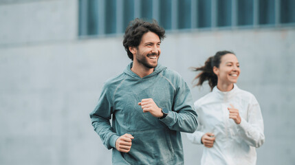 Obraz premium Man and Woman in Activewear Jogging Together Outdoors in a City Environment with Modern Concrete Walls and Clear Daylight Setting
