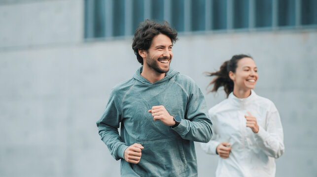 Man and Woman in Activewear Jogging Together Outdoors in a City Environment with Modern Concrete Walls and Clear Daylight Setting