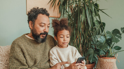 Fototapeta premium Adult Man and Young Child Looking at a Smartphone Together in a Cozy Living Room Environment Surrounded by Green Indoor House Plants