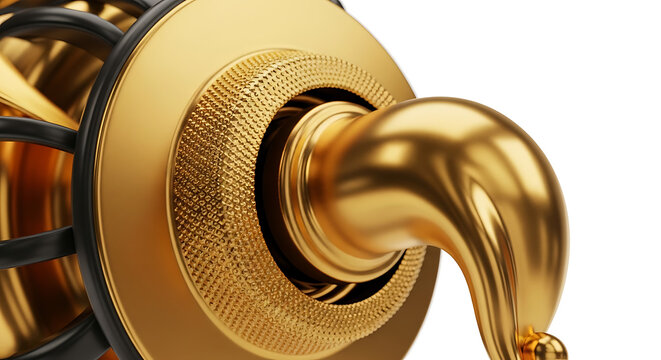 Abstract golden mechanical component with intricate patterns and dark accents, closeup studio shot suggesting precision engineering and luxury