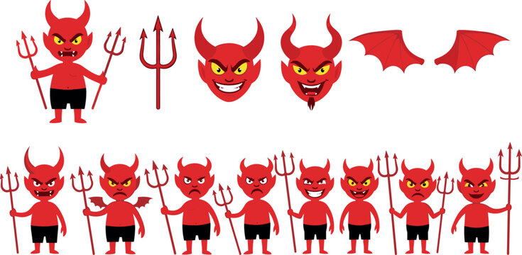 Devil character collection with different expressions trident and wings Halloween demon mascot isolated vector illustration set
