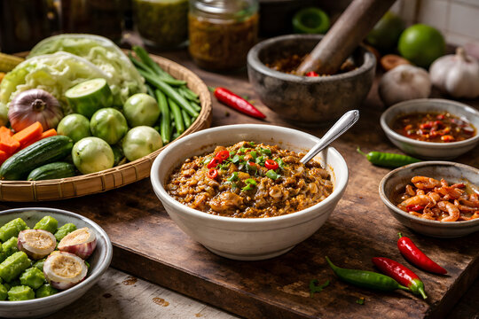 Authentic Thai spicy shrimp paste dip (Nam Prik Kapi) served with fresh vegetables on wooden table, traditional Thai food rustic style.