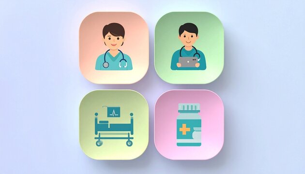 Four pastel square icons in 2x2 grid: doctor with stethoscope, medical professional with clipboard, hospital bed, and medicine bottle with cross, clean modern design symbolizing healthcare, patient ca
