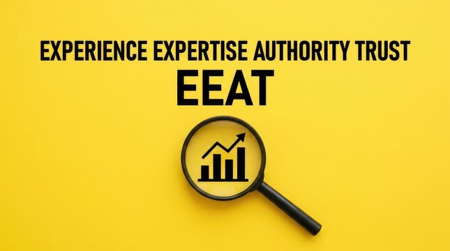 EEAT concept with magnifying glass showing business growth on a vibrant yellow background