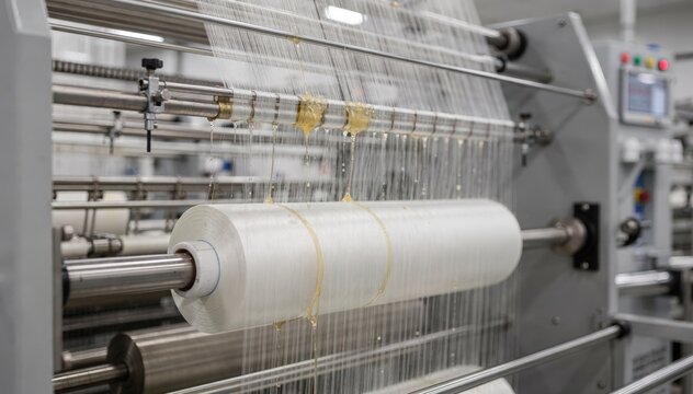 Medium shot of fine denier spandex filament spinning showcasing delicate elastic threads being precisely oiled and wound onto spools in a hightech manufacturing setting.