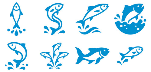 Obraz premium blue fish icon set, solid silhouette aquatic animals with splash and wave elements illustration isolated on transparent background