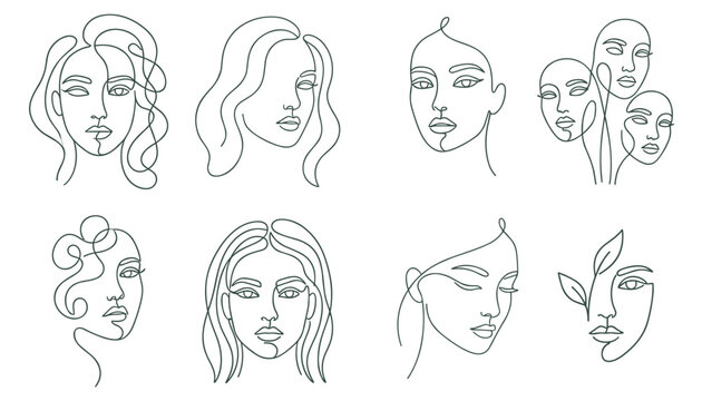 minimal line art female face set, abstract continuous line portraits of women with different hairstyles and expressions isolated on transparent background