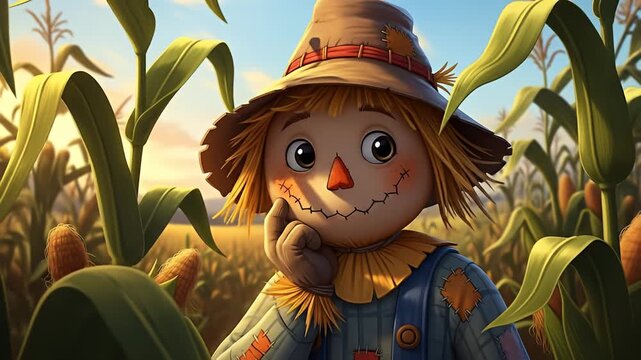 Cartoon scarecrow in cornfield; straw hair, patched hat, friendly face, overalls