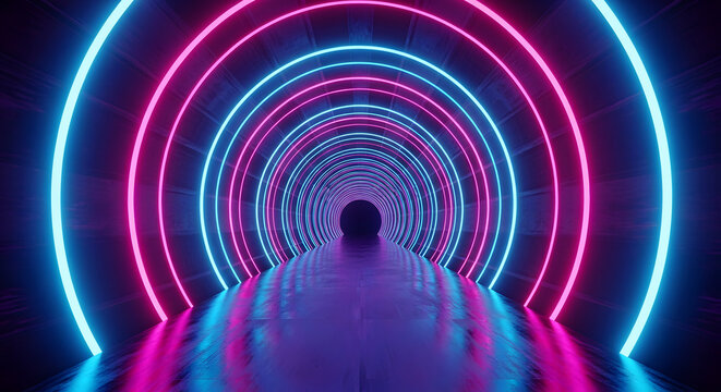 A vibrant colorful tunnel of concentric neon rings stretches into a dark infinite void high quality