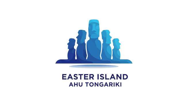 Iconic Blue Silhouette of Easter Island Moai Statues in a Row.