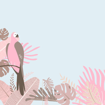 Pastel pink botanical parrot border, blue design