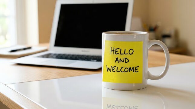 A coffee mug displays a welcome message next to an open laptop on a desk